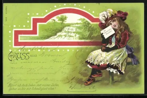 Lithographie Mädchen mit einem Brief an ihre liebe Freundin