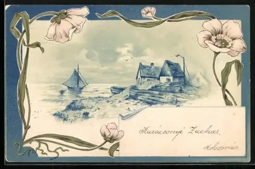 Lithographie Häser an der Küste und Blumen, Jugendstil