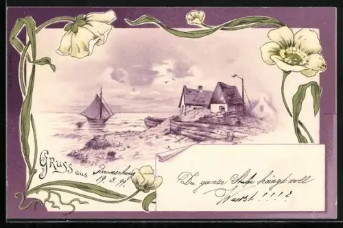 Lithographie Häser an der Küste und Blumen, Jugendstil