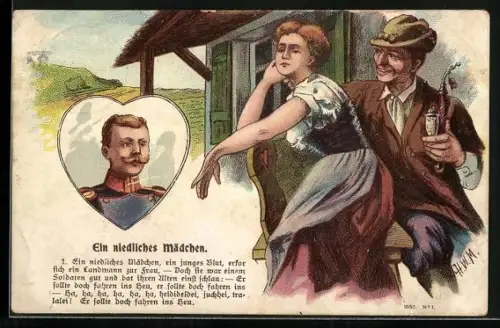 AK Bauersfrau mit interessiertem Pfeifenraucher auf Bank, Portrait eines Soldaten im Herzrahmen