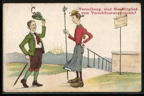 AK Wanderer spricht alte Jungfer an