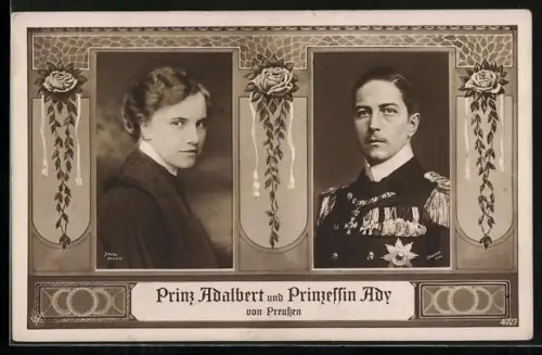 AK Prinz Adalbert und Prinzessin Ady von Preussen, Rahmen, Blumen