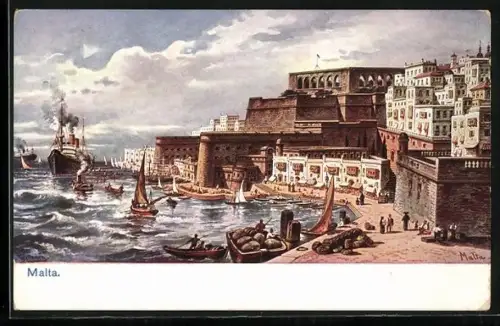 Künstler-AK Malta, Partie am Hafen, Segelboote, Dampfer
