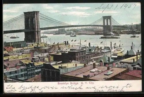 AK New York, Brooklyn Bridge, Dampfer