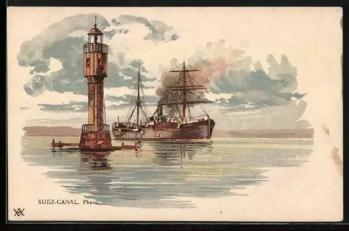 Lithographie Leuchtturm am Suez-Canal und passierendes Schiff