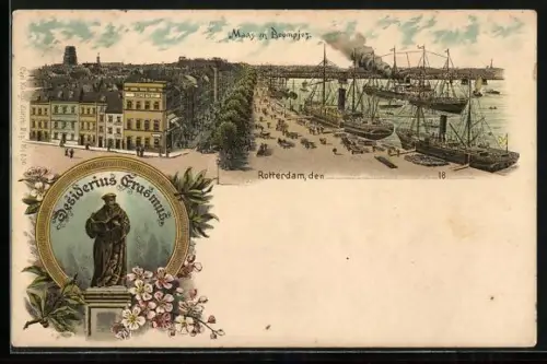 Lithographie Rotterdam, Maas en Boompjes, Desiderius Erasmus