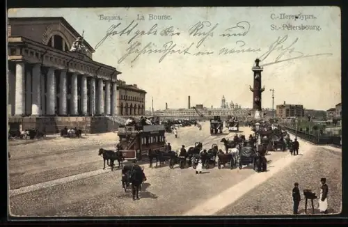 AK St. Petersbourg, La Bourse, Pferdebahn