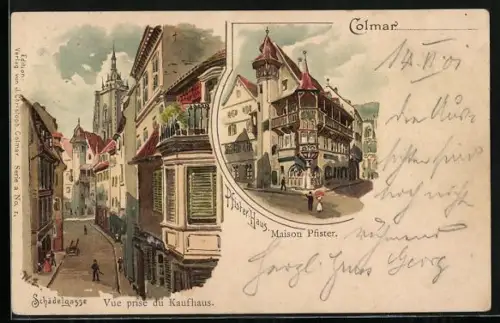 Lithographie Colmar, Schädelgasse und Pfisterhaus im Rahmen
