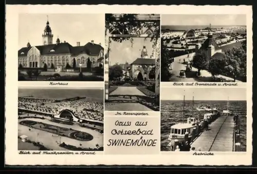 AK Swinemünde, Kurhaus, Im Rosengarten, Seebrücke, Blick auf die Promenade & Strand