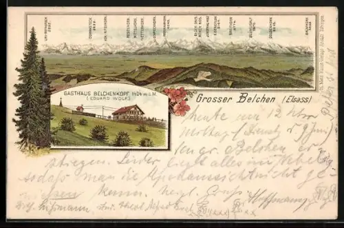 Lithographie Grosser Belchen /Elsass, Gasthaus Belchenkopf Eduard Wolf, Bergpanorama mit Eiger und Mönch
