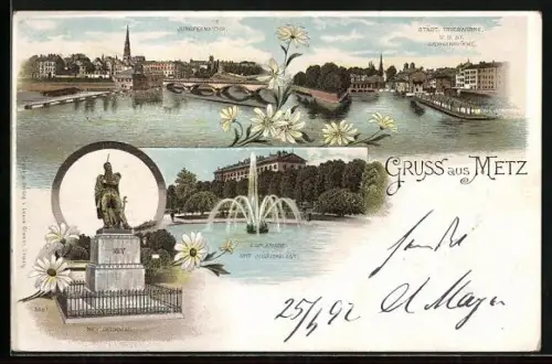 Lithographie Metz, Esplanade mit Justizpalast, Städt. Triebwerke, Ney Denkmal, Jungfernwehr