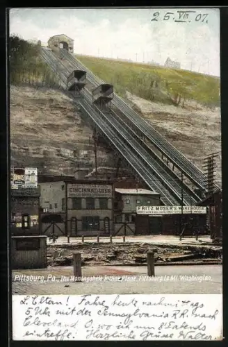 AK Pittsburg, The Monongahela Incline Plane, Bergbahn zum Mount Washington, Fritz Moser's Warehouse