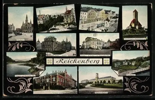 AK Reichenberg-Liberec, Kaiser Franz Josef-Bad, Bahnhof, Heinrichswarte, Turnhalle, Infanterie-Kaserne