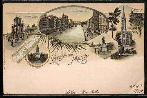 Lithographie Metz, Zeughausstaden, Garnisonkirche und Vinzenzkirche