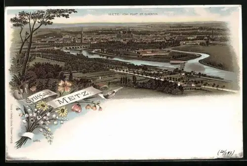 Lithographie Metz, Totalansicht vom Fort St. Quentin aus