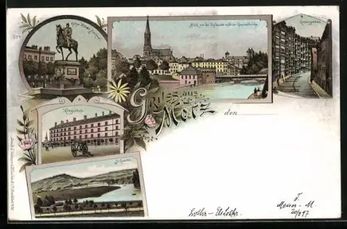 Lithographie Metz, Blick von der Esplanade zur Garnisonkirche, Gerbergraben, Kriegsschule, Denkmal Kaiser Wilhelm I.