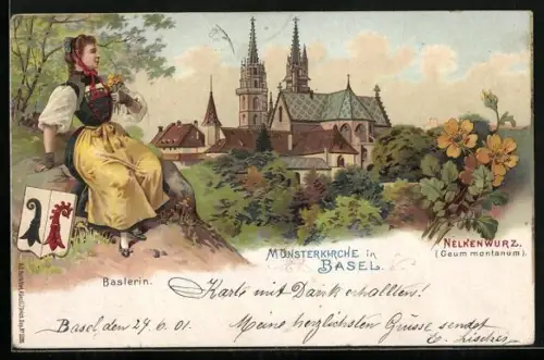 Lithographie Basel, Blick zur Münsterkirche