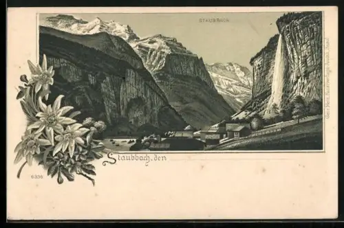 Lithographie Staubbach, Blick auf den Ort und Wasserfall