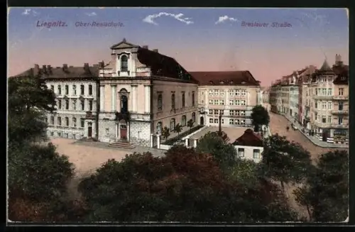 AK Liegnitz, Blick auf Ober-Realschule und Breslauer Strasse