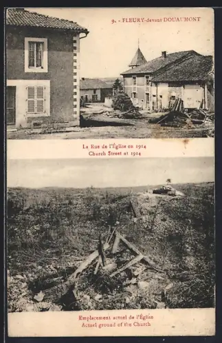 AK Fleury-devant-Douaumont, La rue de l`Eglise en 1914, Emplacement actuel de l`Eglise