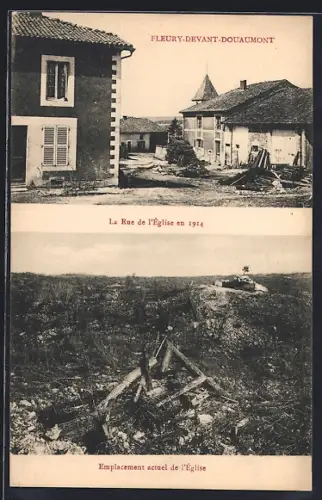 AK Fleury, Rue de la Église 1914 und Motiv der Kirche nach der Schlacht