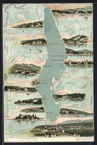 AK Wörthersee, Landkarte mit Ortsansichten