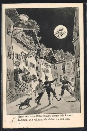 AK Kufstein, Mondschein über dem Batzenhäusel, Strasse aus der Sicht eines Betrunkenen