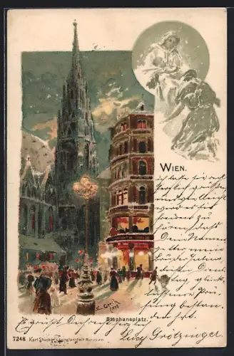 Lithographie Wien, Stephansplatz bei Nacht