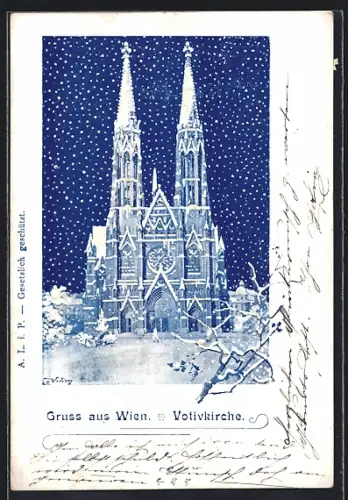 AK Wien, Votivkirche bei Nacht