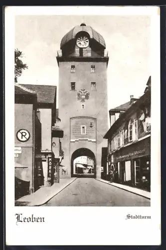 AK Leoben, Partie am Stadtturm, Gasthaus