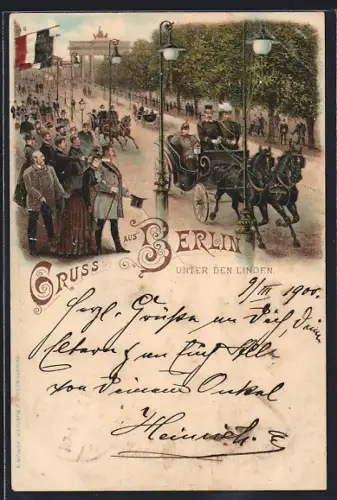 Lithographie Berlin, Unter den Linden, Strassenpartie mit Kutsche u. Passanten