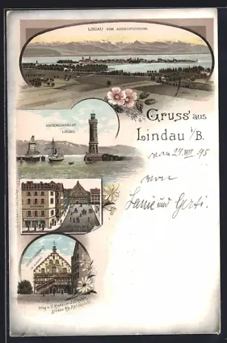Vorläufer-Lithographie Lindau i. B., 1895, Hafeneinfahrt, Reichsplatz, Altes Rathaus, Ortsansicht