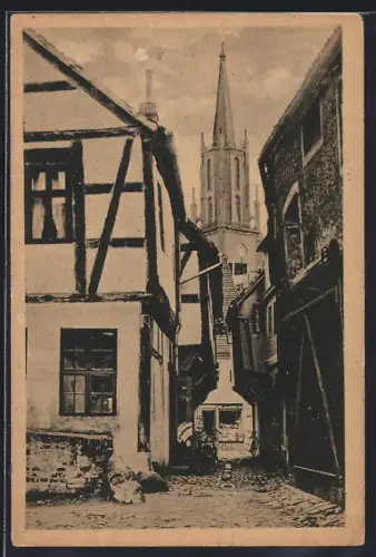AK Rathenow, Seitenbeutel-Strasse mit Durchblick zur Kirche