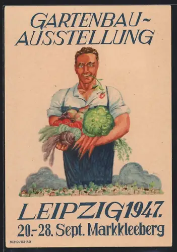 AK Leipzig, Gartenbau-Ausstellung 1947, Mann mit Gemüse