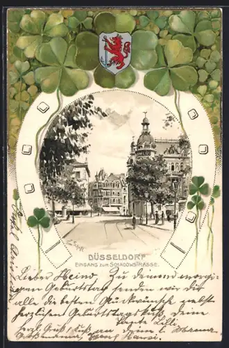 Passepartout-Lithographie Düsseldorf, Eingang zur Schadowstrasse mit Passanten, Wappen u. Kleeblätter
