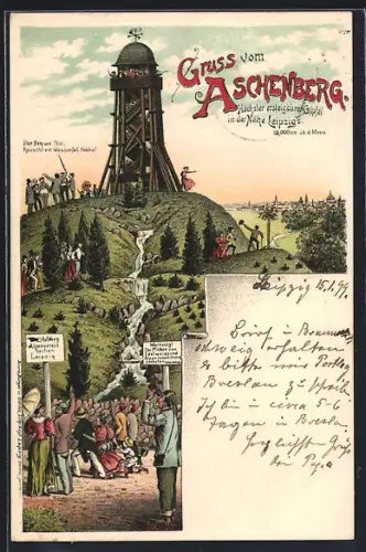 Lithographie Leipzig, Aschenberg, Menschen pilgern auf die Bergspitze
