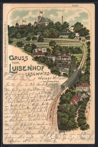 Lithographie Dresden-Loschwitz, der Luisenhof Weisser Hirsch, Bahnanlage mit Strassenbahn