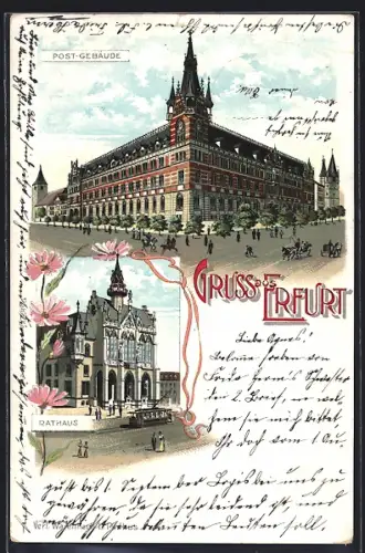 Lithographie Erfurt, Postgebäude und haltende Strassenbahn am Rathaus