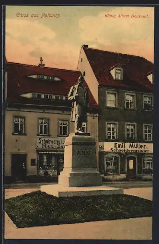 AK Pulsnitz, Schneidermeister Emil Müller, König Albert-Denkmal