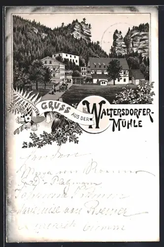 Lithographie Bad Schandau, Gasthaus Waltersdorfer Mühle