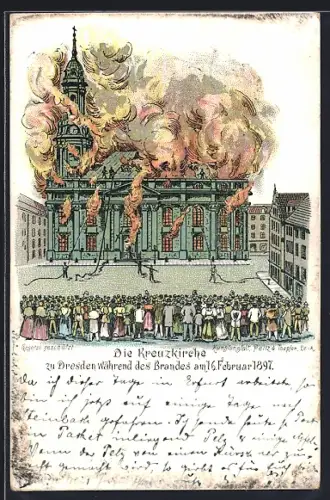 Lithographie Dresden, Brand der Kreuzkirche am 16. Februar 1897