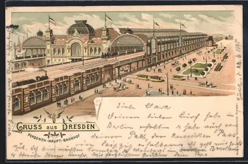 Lithographie Dresden, Personen-Hauptbahnhof, Eisenbahn verlässt den Bahnhof, Strassenbahn, Leute um 1900