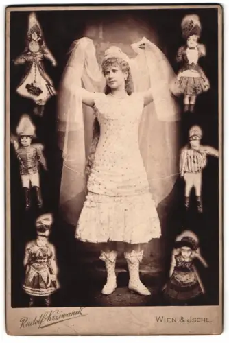 Fotografie Rudolf Krziwanek, Wien, Balletttänzerin Emma Allesch als Puppe im Ballett Die Puppenfee, Fotomontage