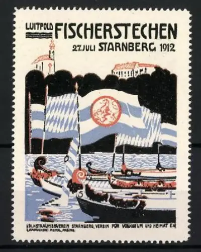 Reklamemarke Starnberg, Luitpold Fischerstechen 27. Juli 1912, Boote mit Flaggen auf dem Starnberger See