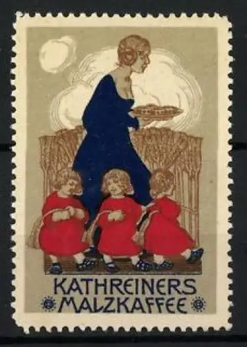 Reklamemarke Kathreiners Malzkaffee, Frau mit Kindern und Tablett