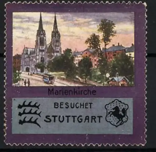 Reklamemarke Stuttgart, Marienkirche, Kirchtürme und Stadtansicht, Strassenbahn