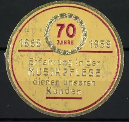 Reklamemarke 70 Jahre Musikpflege, Jubiläum 1868-1938