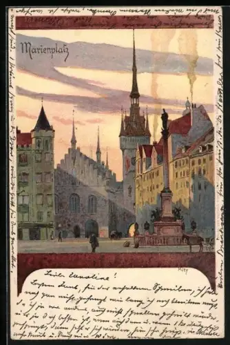 Künstler-AK Heinrich Kley: München, Marienplatz im Abendrot