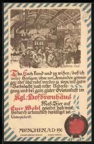 AK München, Hofbräusaal des Münchner Hofbräuhauses