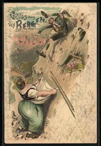Lithographie Gruss aus den Bergen, Dicke Frau fängt dürren Stürzenden in ihrer Schürze auf